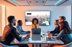 Metaverse in 2025: What’s Real, Hype, and What’s Next? A diverse group of professionals collaborating in a sleek virtual meeting room, showcasing enterprise metaverse applications in 2025