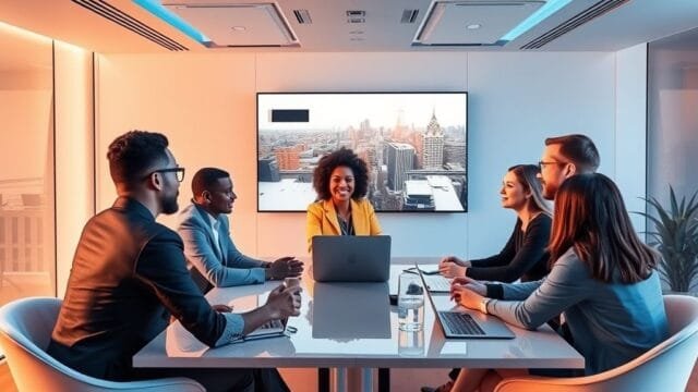 Metaverse in 2025: What’s Real, Hype, and What’s Next? A diverse group of professionals collaborating in a sleek virtual meeting room, showcasing enterprise metaverse applications in 2025