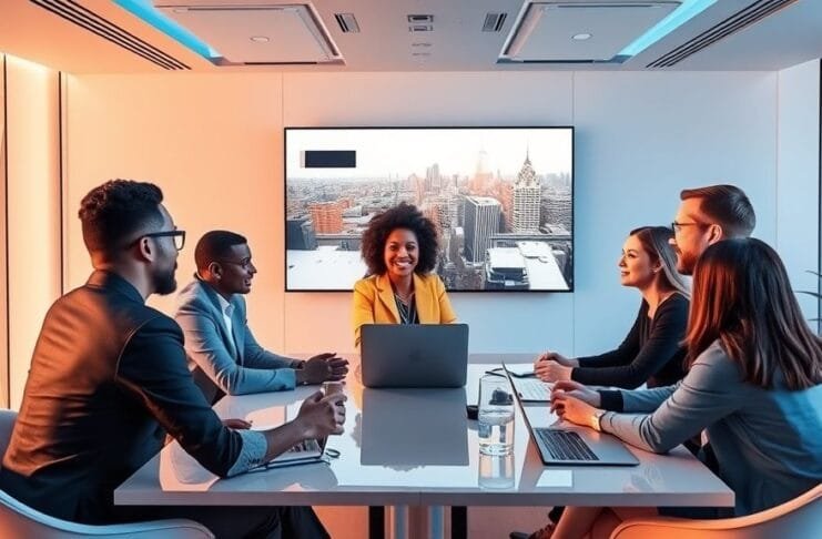 A diverse group of professionals collaborating in a sleek virtual meeting room, showcasing enterprise metaverse applications in 2025