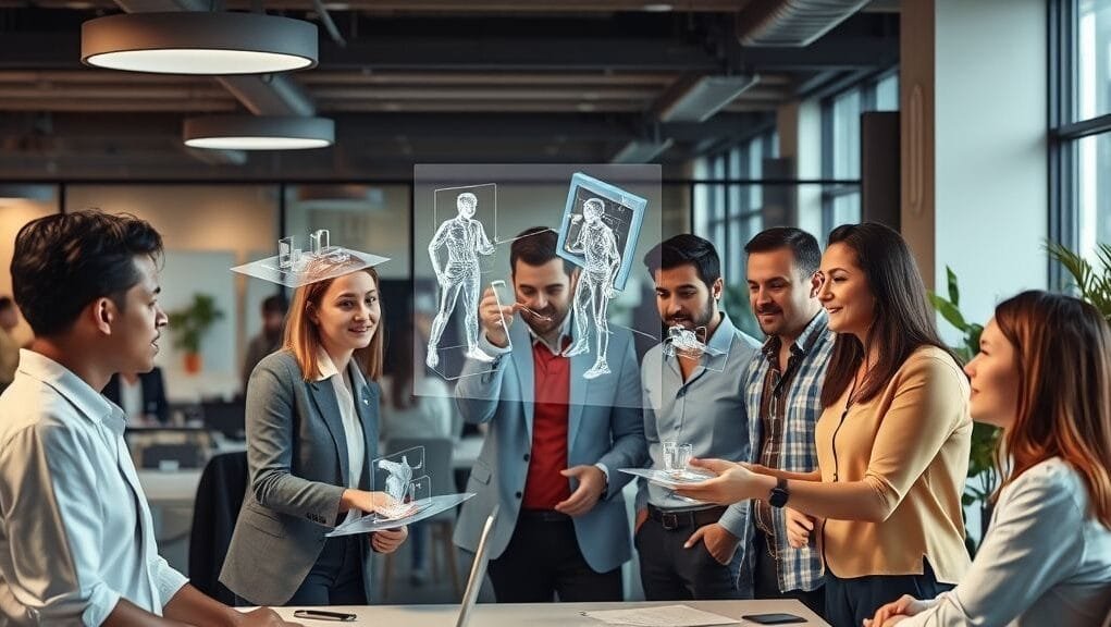 A diverse group of professionals collaborating in an office, interacting with holographic 3D models floating in the air, representing the seamless integration of spatial computing in the workplace. Alt text: Professionals collaborating with holographic designs using spatial computing. A diverse group of professionals collaborating in an office, interacting with holographic 3D models floating in the air, representing the seamless integration of spatial computing in the workplace. Alt text: Professionals collaborating with holographic designs using spatial computing.