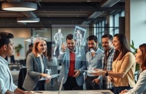 Spatial Computing: Merging Real & Virtual Worlds Seamlessly A diverse group of professionals collaborating in an office, interacting with holographic 3D models floating in the air, representing the seamless integration of spatial computing in the workplace. Alt text: Professionals collaborating with holographic designs using spatial computing.