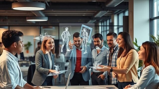 Spatial Computing: Merging Real & Virtual Worlds Seamlessly A diverse group of professionals collaborating in an office, interacting with holographic 3D models floating in the air, representing the seamless integration of spatial computing in the workplace. Alt text: Professionals collaborating with holographic designs using spatial computing.