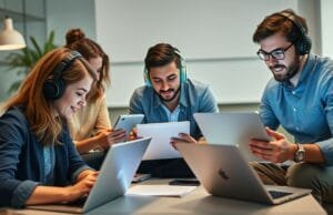 Future of Work Tech: Powering Modern Remote & Hybrid Offices A diverse group of professionals collaborating remotely using various future of work tech devices like laptops, tablets, and headphones.