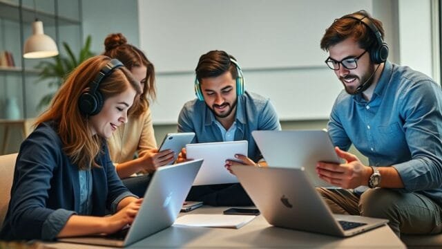 Future of Work Tech: Powering Modern Remote & Hybrid Offices A diverse group of professionals collaborating remotely using various future of work tech devices like laptops, tablets, and headphones.