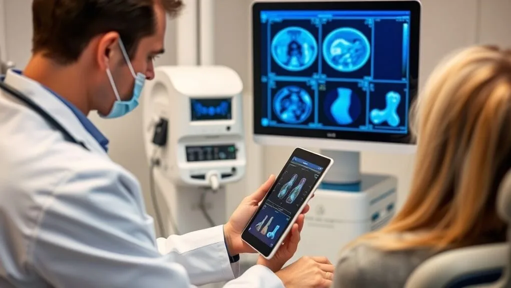 A doctor reviewing a patient's digital scan results on a tablet, surrounded by modern medical equipment