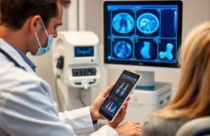 Technology’s Impact on Life: Is It Reshaping Your World? A doctor reviewing a patient's digital scan results on a tablet, surrounded by modern medical equipment