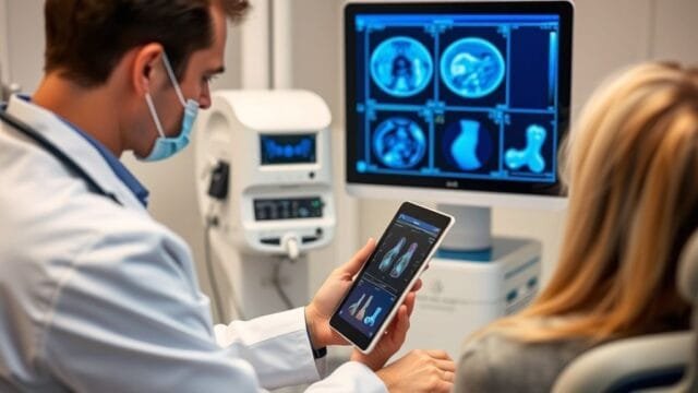 Technology’s Impact on Life: Is It Reshaping Your World? A doctor reviewing a patient's digital scan results on a tablet, surrounded by modern medical equipment