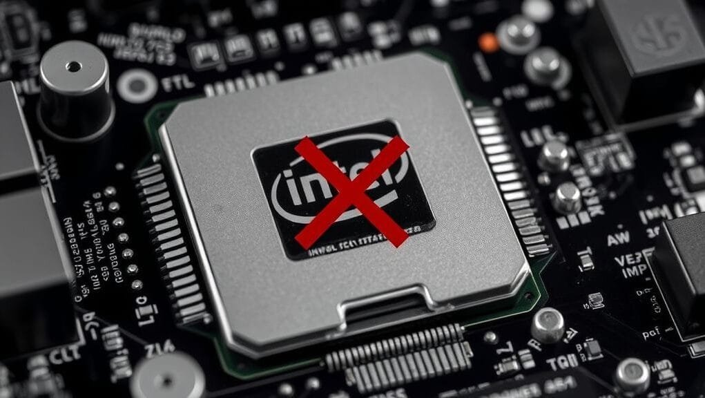 A dramatic, high-contrast image of a circuit board with an Intel CPU socket, overlaid with a subtle "X" or "error" graphic to symbolize failure. This is the featured image.