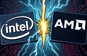 Intel vs. AMD: Which Processor Is Right for You? A dramatic, stylized illustration depicting the Intel and AMD logos clashing, with lightning bolts and circuits, symbolizing intense competition.