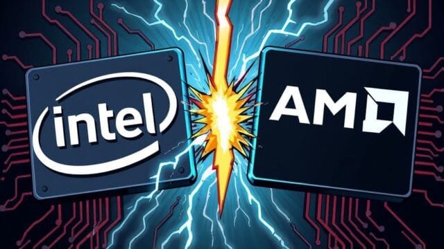 Intel vs. AMD: Which Processor Is Right for You? A dramatic, stylized illustration depicting the Intel and AMD logos clashing, with lightning bolts and circuits, symbolizing intense competition.
