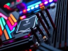 Computex 2025 Gaming Motherboards: Next-Gen & Simplified A dynamic close-up of one of the latest Computex 2025 gaming motherboards, featuring RGB lighting, PCIe 5.0 slots, and Wi-Fi 7 antenna connections, showcasing future gaming performance.