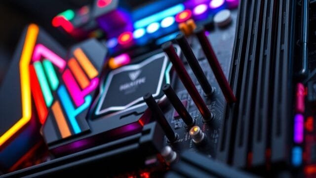 Computex 2025 Gaming Motherboards: Next-Gen & Simplified A dynamic close-up of one of the latest Computex 2025 gaming motherboards, featuring RGB lighting, PCIe 5.0 slots, and Wi-Fi 7 antenna connections, showcasing future gaming performance.