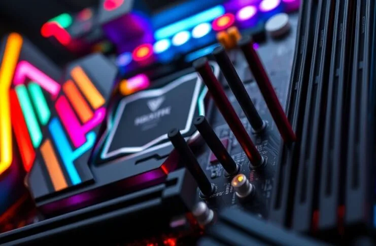 A dynamic close-up of one of the latest Computex 2025 gaming motherboards, featuring RGB lighting, PCIe 5.0 slots, and Wi-Fi 7 antenna connections, showcasing future gaming performance.