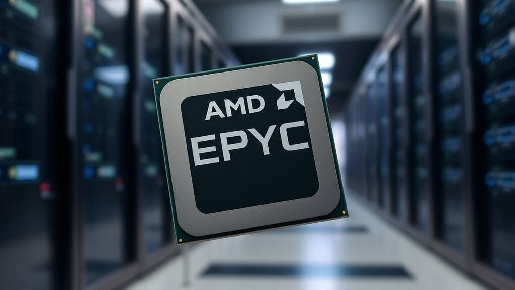 A dynamic, close-up shot of an AMD EPYC processor chip against a blurred data center backdrop, symbolizing power and innovation.