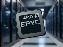 A dynamic, close-up shot of an AMD EPYC processor chip against a blurred data center backdrop, symbolizing power and innovation.