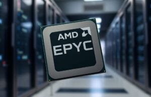 AMD EPYC Processors: The Future of Data Center Performance? A dynamic, close-up shot of an AMD EPYC processor chip against a blurred data center backdrop, symbolizing power and innovation.