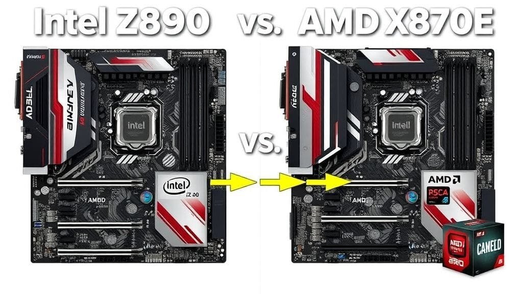A dynamic comparison graphic showcasing the Intel Z890 and AMD X870E chipsets side-by-side, with key features highlighted, and arrows pointing to their respective CPUs.