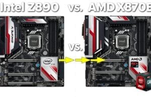 Z890 vs. X870E: Which Chipset Reigns Supreme for Your Next PC? A dynamic comparison graphic showcasing the Intel Z890 and AMD X870E chipsets side-by-side, with key features highlighted, and arrows pointing to their respective CPUs.