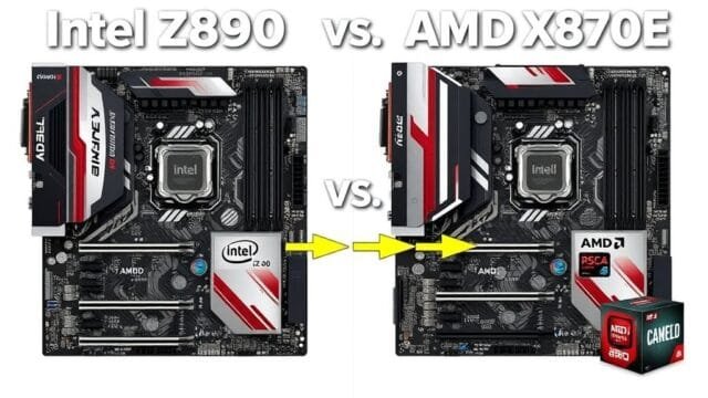 Z890 vs. X870E: Which Chipset Reigns Supreme for Your Next PC? A dynamic comparison graphic showcasing the Intel Z890 and AMD X870E chipsets side-by-side, with key features highlighted, and arrows pointing to their respective CPUs.