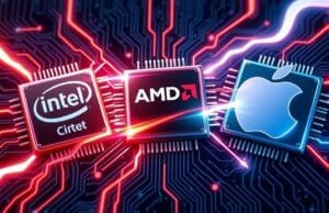 Processor Wars 2025: Intel, AMD, Apple – Who Wins? A dynamic graphic depicting three stylized CPU chips (Intel, AMD, Apple) engaged in a futuristic battle, with energy lines connecting them and representing data flow. The background is a digital circuit board.