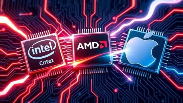 Processor Wars 2025: Intel, AMD, Apple – Who Wins? A dynamic graphic depicting three stylized CPU chips (Intel, AMD, Apple) engaged in a futuristic battle, with energy lines connecting them and representing data flow. The background is a digital circuit board.