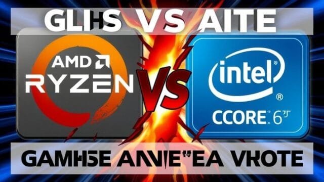 Gaming Processor: Is AMD’s 3D V-Cache the Ultimate? A dynamic graphic showcasing AMD Ryzen and Intel Core CPU logos battling it out, symbolizing competition in the gaming processor market, with a focus on gaming performance.