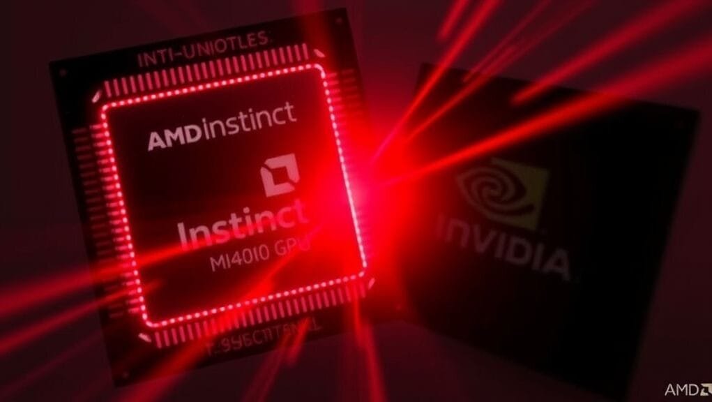 A dynamic graphic showing an AMD Instinct MI400 GPU chip glowing red, juxtaposed against a darker, slightly obscured NVIDIA GPU chip, symbolizing a direct challenge in the AI market. A dynamic graphic showing an AMD Instinct MI400 GPU chip glowing red, juxtaposed against a darker, slightly obscured NVIDIA GPU chip, symbolizing a direct challenge in the AI market.