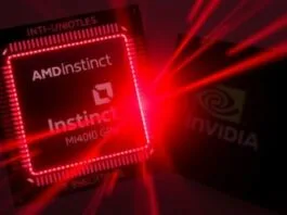 A dynamic graphic showing an AMD Instinct MI400 GPU chip glowing red, juxtaposed against a darker, slightly obscured NVIDIA GPU chip, symbolizing a direct challenge in the AI market.