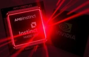 Can AMD Instinct MI400 Topple NVIDIA’s AI Reign? A dynamic graphic showing an AMD Instinct MI400 GPU chip glowing red, juxtaposed against a darker, slightly obscured NVIDIA GPU chip, symbolizing a direct challenge in the AI market.