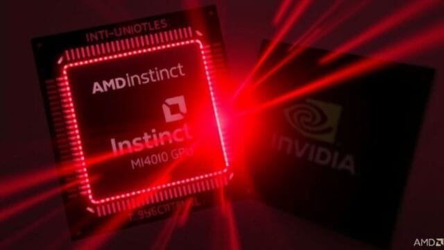 Can AMD Instinct MI400 Topple NVIDIA’s AI Reign? A dynamic graphic showing an AMD Instinct MI400 GPU chip glowing red, juxtaposed against a darker, slightly obscured NVIDIA GPU chip, symbolizing a direct challenge in the AI market.
