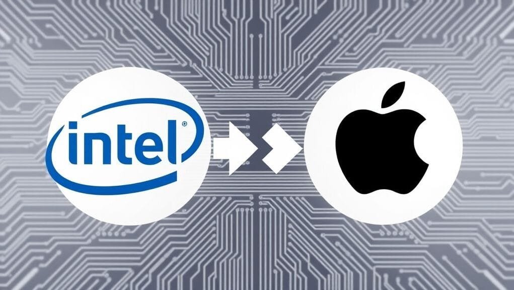 A dynamic graphic showing Intel's logo and Apple's logo facing each other, with arrows indicating competition and innovation. The background should feature abstract circuit board patterns.