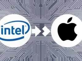 A dynamic graphic showing Intel's logo and Apple's logo facing each other, with arrows indicating competition and innovation. The background should feature abstract circuit board patterns.