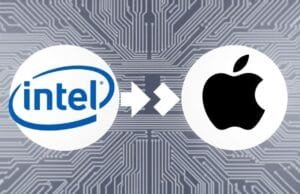 Intel’s Laptop Chip Comeback: Can It Beat Apple? A dynamic graphic showing Intel's logo and Apple's logo facing each other, with arrows indicating competition and innovation. The background should feature abstract circuit board patterns.