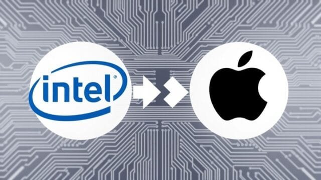 Intel’s Laptop Chip Comeback: Can It Beat Apple? A dynamic graphic showing Intel's logo and Apple's logo facing each other, with arrows indicating competition and innovation. The background should feature abstract circuit board patterns.
