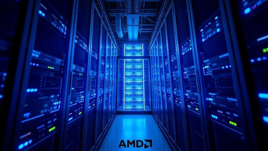 A dynamic, high-angle shot of a data center server rack glowing with blue light, symbolizing advanced technology and computing power, with AMD logos subtly integrated.