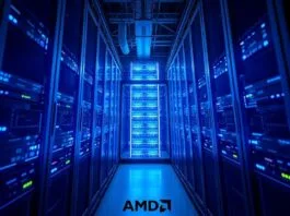 A dynamic, high-angle shot of a data center server rack glowing with blue light, symbolizing advanced technology and computing power, with AMD logos subtly integrated.