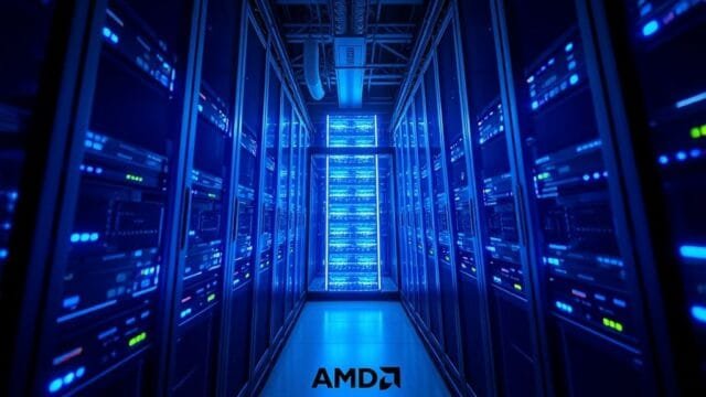 AMD Stock Market Surge: Is This the Next Tech Titan? A dynamic, high-angle shot of a data center server rack glowing with blue light, symbolizing advanced technology and computing power, with AMD logos subtly integrated.