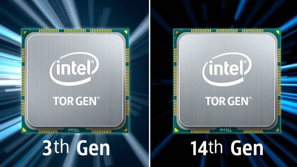A dynamic side-by-side comparison of Intel 13th Gen and 14th Gen processor chips, highlighting subtle visual differences or branding. The image should convey modernity and technological advancement. A dynamic side-by-side comparison of Intel 13th Gen and 14th Gen processor chips, highlighting subtle visual differences or branding. The image should convey modernity and technological advancement.