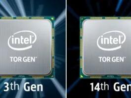 A dynamic side-by-side comparison of Intel 13th Gen and 14th Gen processor chips, highlighting subtle visual differences or branding. The image should convey modernity and technological advancement.