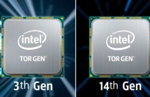 Intel 13th vs 14th Gen: Performance, Value, and Upgrade Paths A dynamic side-by-side comparison of Intel 13th Gen and 14th Gen processor chips, highlighting subtle visual differences or branding. The image should convey modernity and technological advancement.