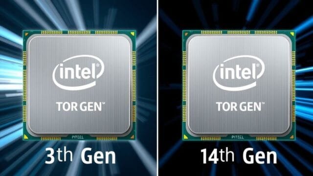 Intel 13th vs 14th Gen: Performance, Value, and Upgrade Paths A dynamic side-by-side comparison of Intel 13th Gen and 14th Gen processor chips, highlighting subtle visual differences or branding. The image should convey modernity and technological advancement.