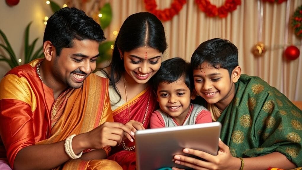 A family happily using a new tablet during India's festive season, smiling and engaged A family happily using a new tablet during India's festive season, smiling and engaged