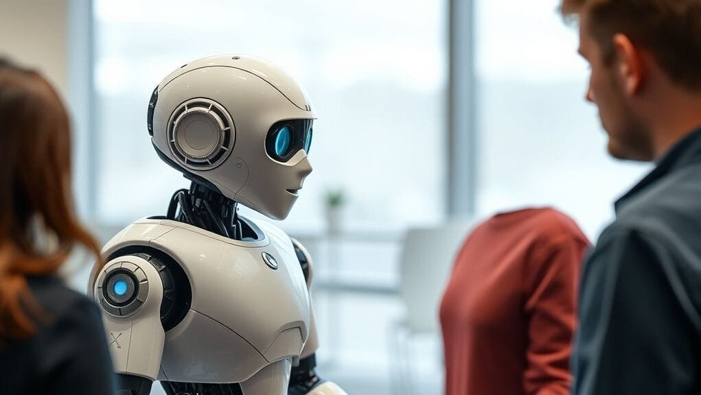 A friendly robot engaging in a conversation with a human, illustrating AI's role in human-like interaction.