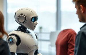 AI Machine Learning Data Science: AI, ML, Data Science:… A friendly robot engaging in a conversation with a human, illustrating AI's role in human-like interaction.