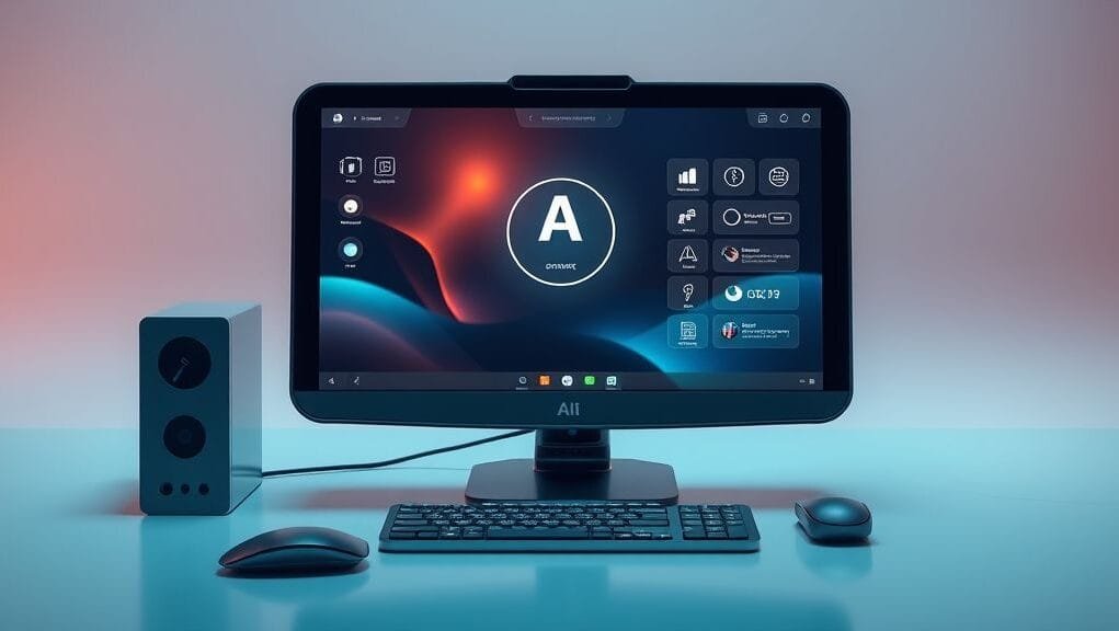 A futuristic AI PC concept setup, showcasing integrated smart features, a sleek design, and an AI assistant interface on the screen