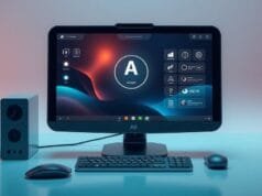 Next Generation PC: Your AI-Powered Future is Here A futuristic AI PC concept setup, showcasing integrated smart features, a sleek design, and an AI assistant interface on the screen