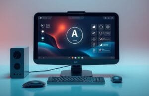 Next Generation PC: Your AI-Powered Future is Here A futuristic AI PC concept setup, showcasing integrated smart features, a sleek design, and an AI assistant interface on the screen