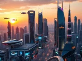 A futuristic city skyline at dawn, symbolizing new economic horizons and digital innovation.