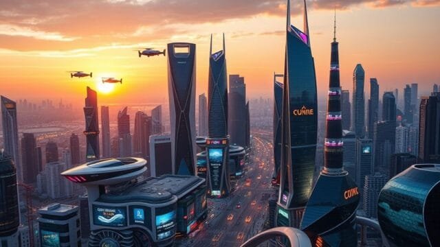ALMAD Group Adrian Cheng: Future of Digital Assets? A futuristic city skyline at dawn, symbolizing new economic horizons and digital innovation.