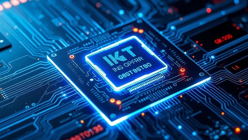 A futuristic computer chip glowing with digital lines and circuits, representing advanced GPU technology.